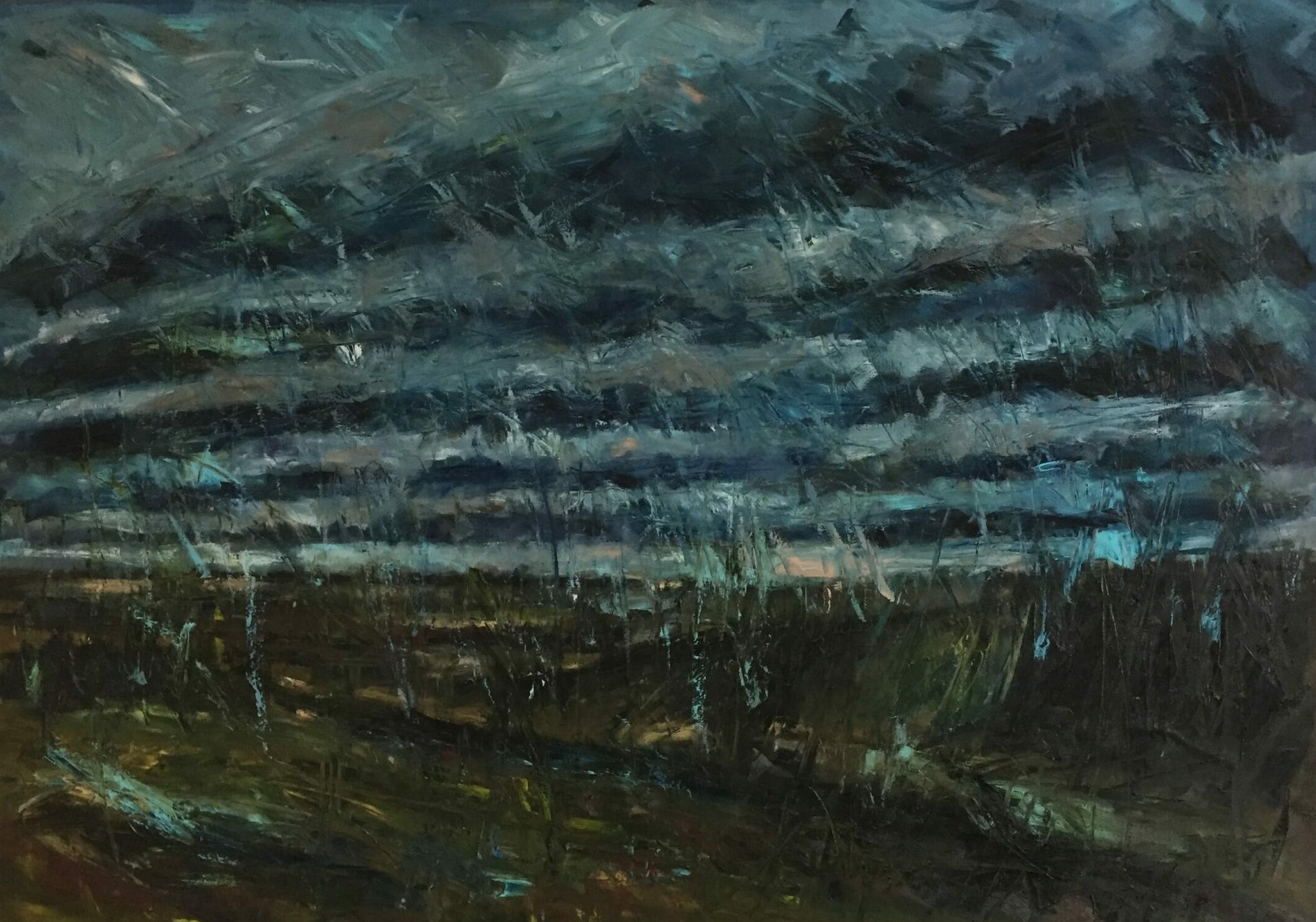 Oliver Jordan, weite Landschaft 1990, Öl auf Leinwand, 120 x 170 cm